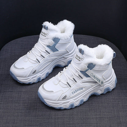 Fashion Black White Lace-up Sneakers Winter Warm All-match Plush Shoes Women Plus Velvet Fleece Flat High-top Sports Shoes Ooho