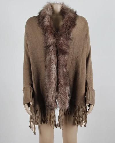 Women's Fringed Cloak Shawl with Fur Collar – Elegant Cape Cardigan for Winter Style Ooho