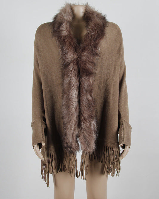 Women's Fringed Cloak Shawl with Fur Collar – Elegant Cape Cardigan for Winter Style Ooho