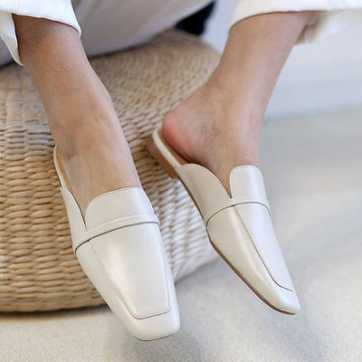 Flat Half Drag Square Toe Leather Mules Ooho