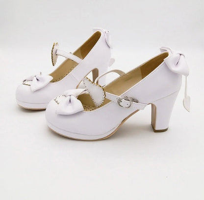 LINK Harajuku Lolita Pumps Patent Leather High Heels Solid Bowtie Maid Cosplay Shoes Soft Women Mary Janes Evening Shoes Ooho