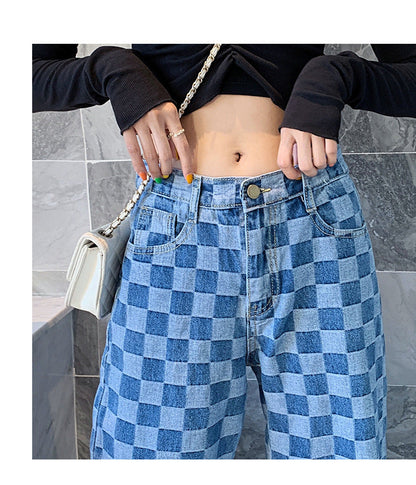 Women’s Plaid Pattern Jeans | Trendy Checkered Casual Denim Pants Ooho