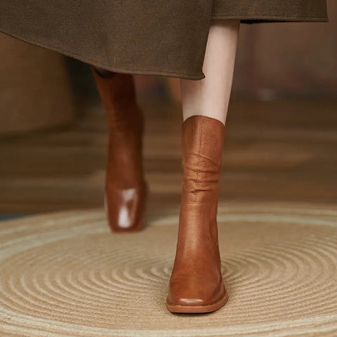Women's Square Toe Pleated Western Cowboy Boots Ooho 