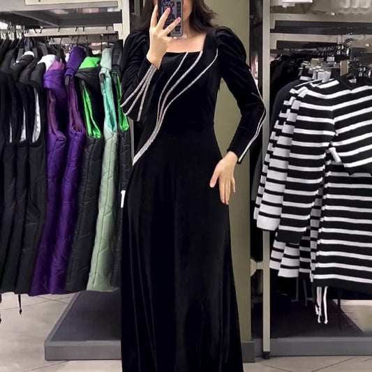 Long Sleeve Rhinestone Maxi Dress | Glamorous Evening Gown Ooho