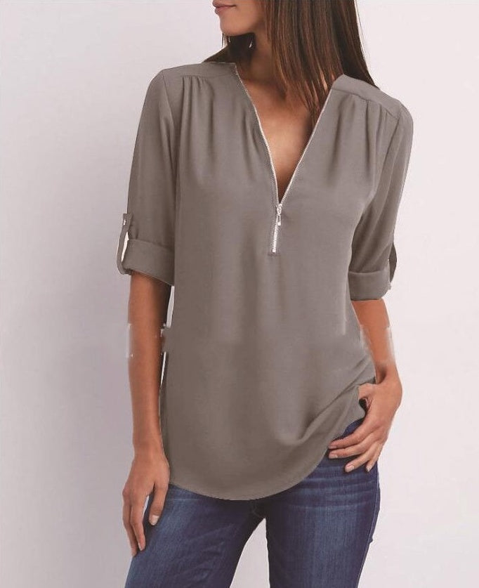 Zip V-neck Shirts Women Short Sleeve Loose Tops Ooho