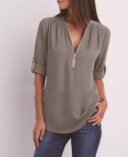 Zip V-neck Shirts Women Short Sleeve Loose Tops Ooho