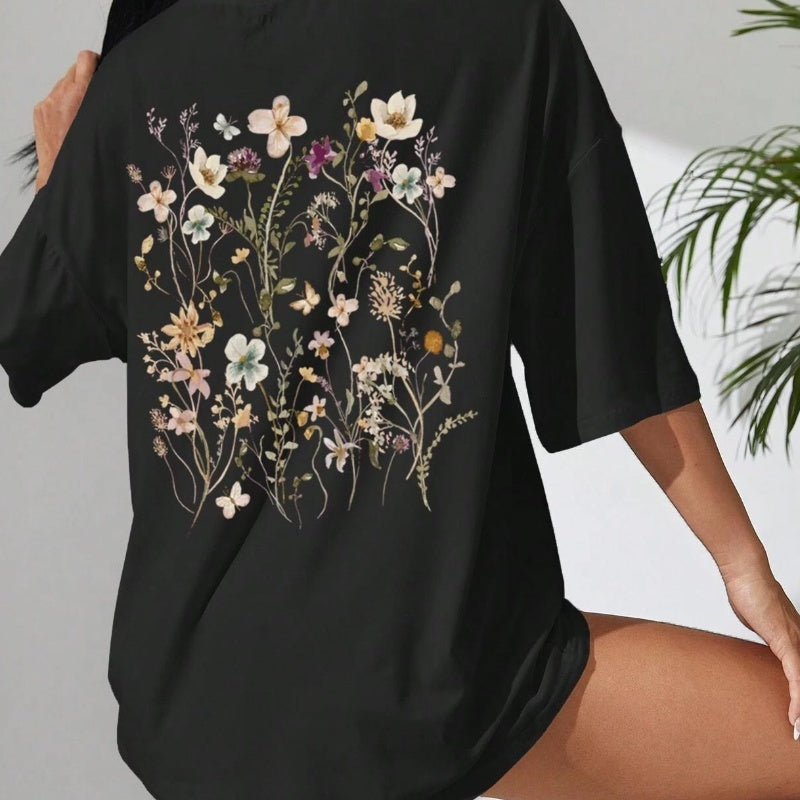 Beautiful Flower Clusters Print Cotton Women T-shirts Casual Ooho