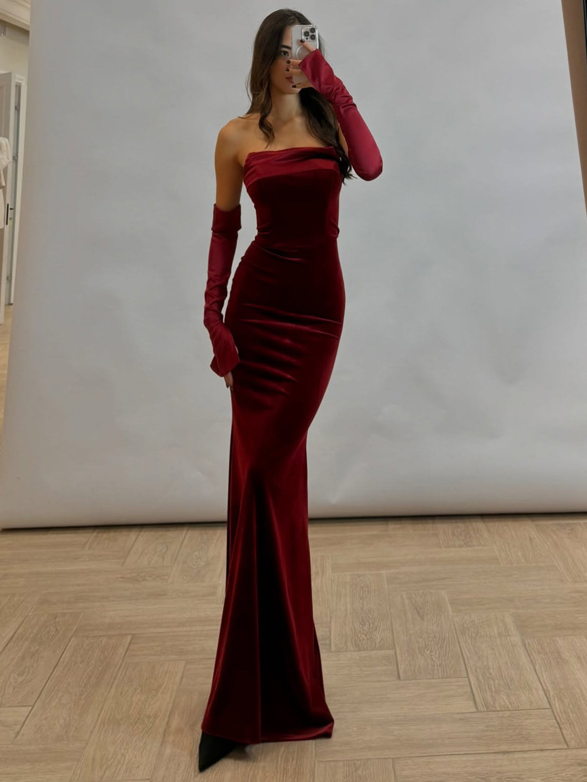 Burgundy Velvet Strapless Maxi Dress | Elegant Evening Gown Ooho