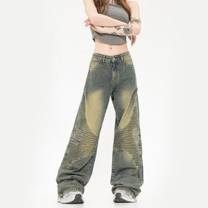Washed Yellow Mud Straight Jeans for Women | Trendy Vintage Denim Pants Ooho