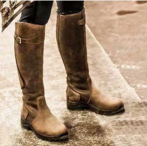 Classic Fashion Riding Western Boots Winter Knee Buckle Boots High Block Heel Round Toe Shoes For Women Ooho