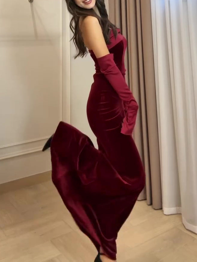 Burgundy Velvet Strapless Maxi Dress | Elegant Evening Gown Ooho