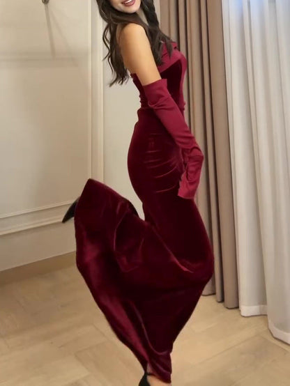 Burgundy Velvet Strapless Maxi Dress | Elegant Evening Gown Ooho
