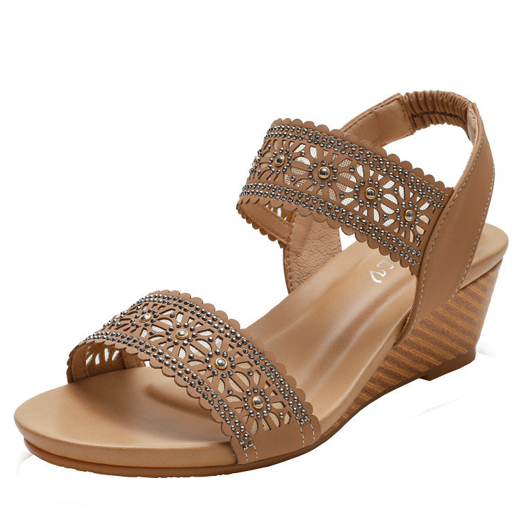 Flower Hollow Out Sandals With Rhinestones Wedges Shoes Women Ooho