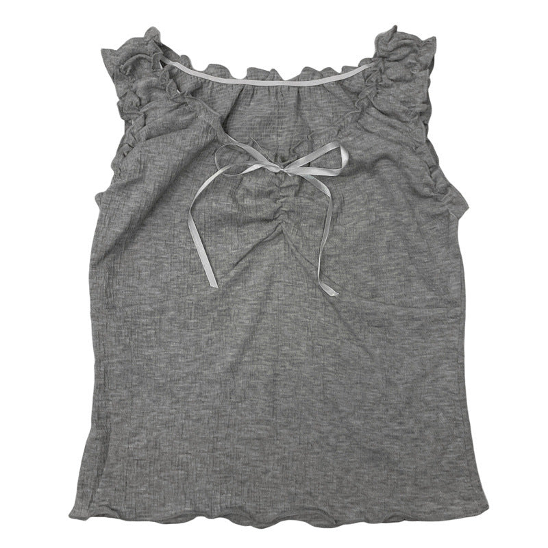 Camisole Wooden Ear Bow Flounce Trim Lace Up Vest For Women Ooho