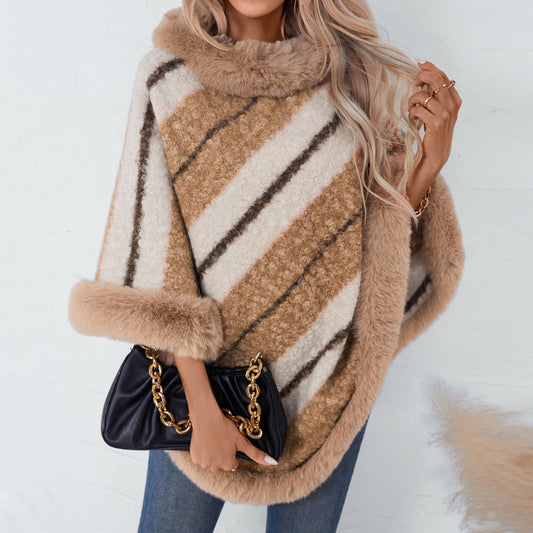 Cape Fur Collar Striped Knitted Shawl Sweater For Women Ooho