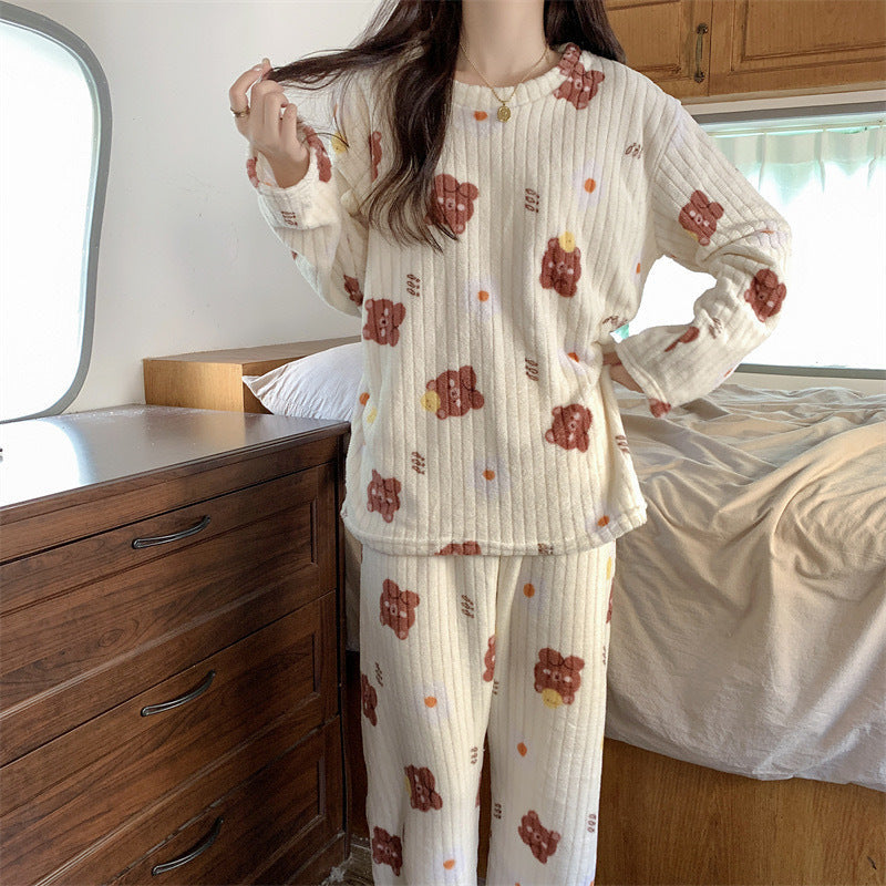 Women's Pajamas Autumn Winter Warm Pyjamas Sets Thick Coral Long Sleeve Cute Cartoon Bear Sleepwear Home Nightclothes Ooho