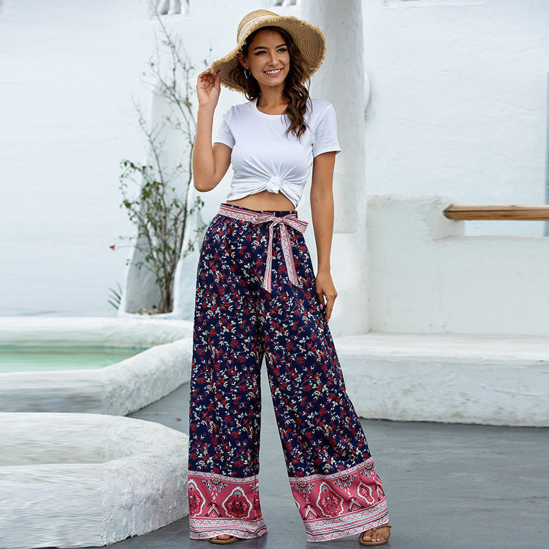 Women’s Floral Geometric Print Palazzo Pants | High-Waisted Elastic Trousers for Comfort & Style Ooho