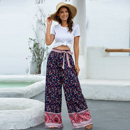 Women’s Floral Geometric Print Palazzo Pants | High-Waisted Elastic Trousers for Comfort & Style Ooho