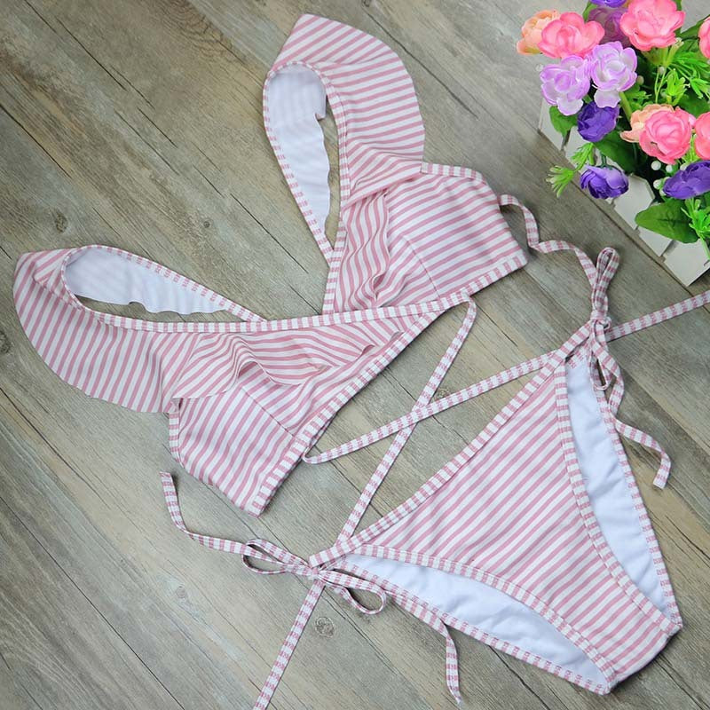 New Stripe Print swimsuit, sexy swimsuit, bikini set, retro bandage swimsuit, female foreign trade explosion Ooho