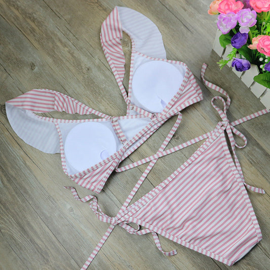 New Stripe Print swimsuit, sexy swimsuit, bikini set, retro bandage swimsuit, female foreign trade explosion Ooho