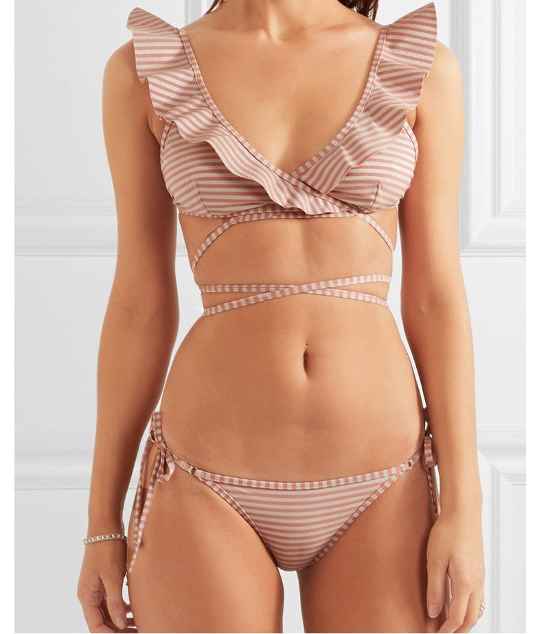 New Stripe Print swimsuit, sexy swimsuit, bikini set, retro bandage swimsuit, female foreign trade explosion Ooho