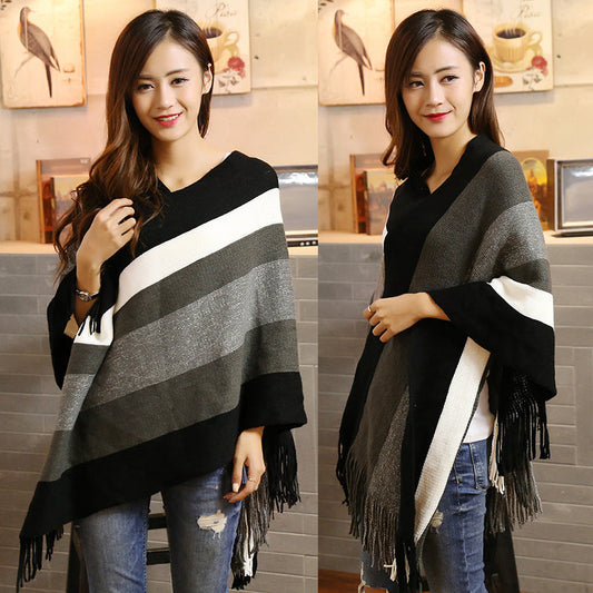 Color Block Striped Knitted Cape Shawl for Women – Stylish Cozy Wrap for All Seasons Ooho