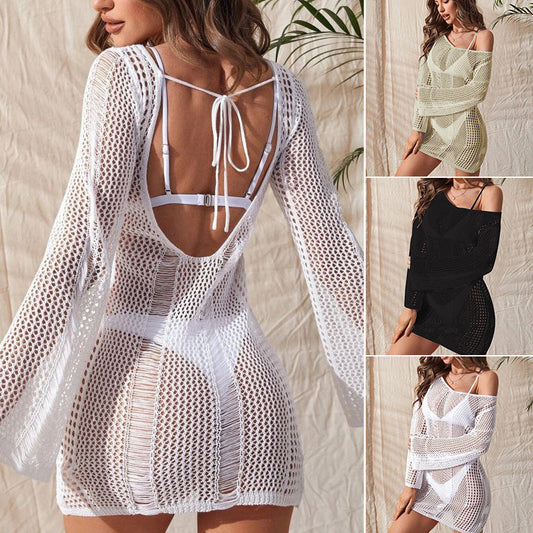 Knitted Hollow Backless Sexy Long Sleeve Narrow Bikini Swimsuit Blouse Women Ooho