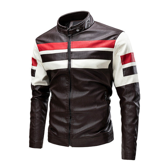 Motorcycle Stitching Leather Jacket Men Stand Collar Retro Ooho