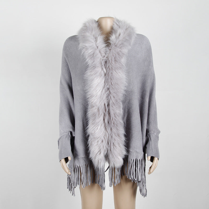 Women's Fringed Cloak Shawl with Fur Collar – Elegant Cape Cardigan for Winter Style Ooho