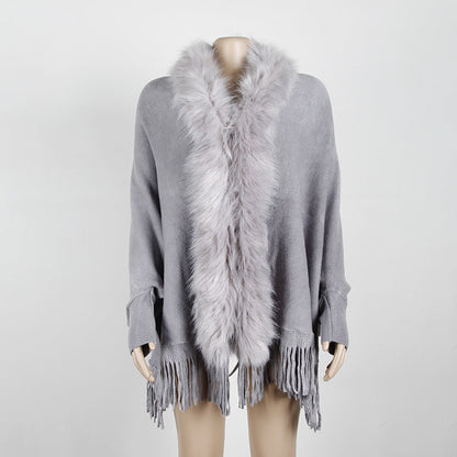 Women's Fringed Cloak Shawl with Fur Collar – Elegant Cape Cardigan for Winter Style Ooho
