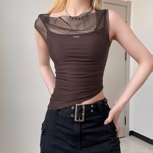 Mesh Spliced Irregular Strap Tank Top For Women Ooho