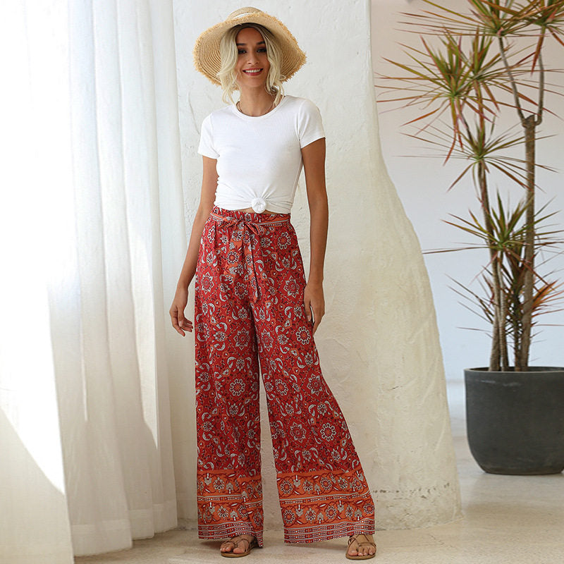 Women’s Floral Geometric Print Palazzo Pants | High-Waisted Elastic Trousers for Comfort & Style Ooho