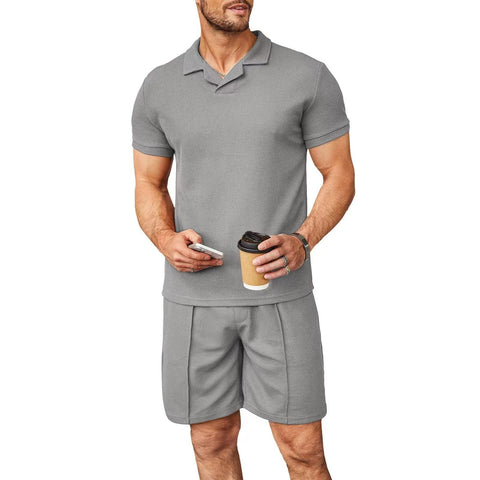 2pcs Set Men V Neck Polo Shirt Lapel Short Sleeve Men's Suit Waffle Style Casual Fashion T-Shirt Summer Ooho