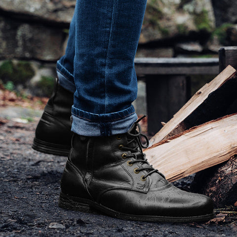 Men Cowboy Boots Retro Lace-up Martin Boot Round Toe Low Heel Shoes Ooho