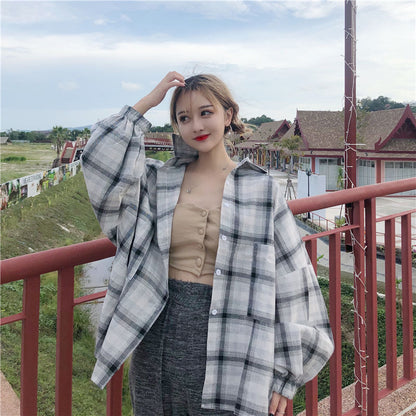 Women Blouses Shirts Plaid Oversize Thin Casual Sun-protect Ooho