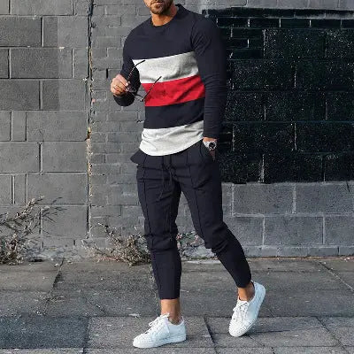 Round Neck Long Sleeve T-shirt Trousers Suit Men Ooho