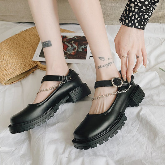 Rimocy Black Pu Leather Metal Chain Chunky Mary Janes Shoes Woman Autumn Square Heels Ankle Strap Platform Pumps Women Punk Ooho