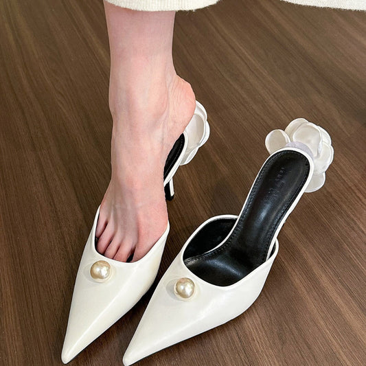 Pointed Pearl High Heel Half Slippers Women Mules Shoes Ooho