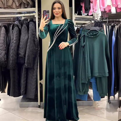 Long Sleeve Rhinestone Maxi Dress | Glamorous Evening Gown Ooho