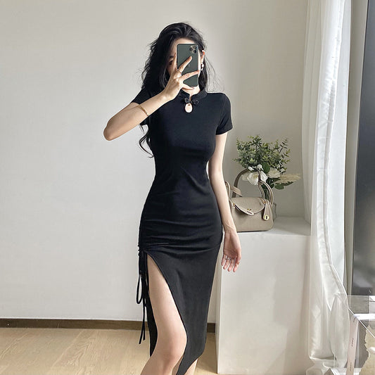 Black Ruched Bodycon Midi Dress | Elegant Slim Fit Mid-Length Dress for Women Ooho