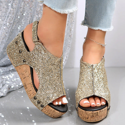 Summer Chunky Wedges Sandals Fashion Sequins Velcro Shoes Women Ooho