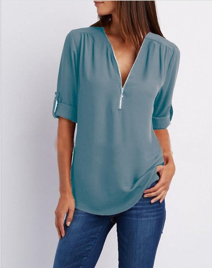 Zip V-neck Shirts Women Short Sleeve Loose Tops Ooho