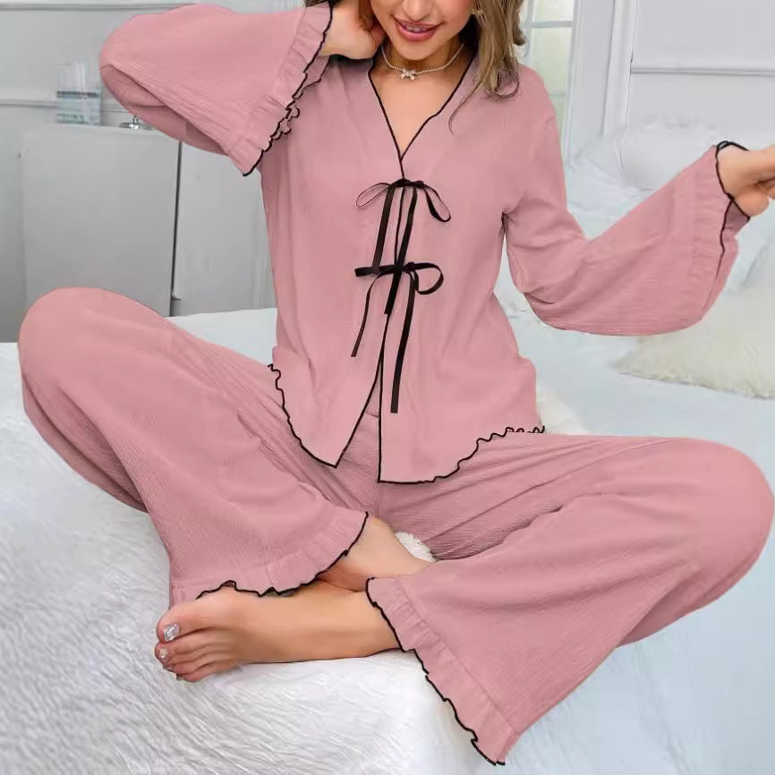 V-neck Lace-up Close-edge Cardigan Long-sleeved Pants Ooho