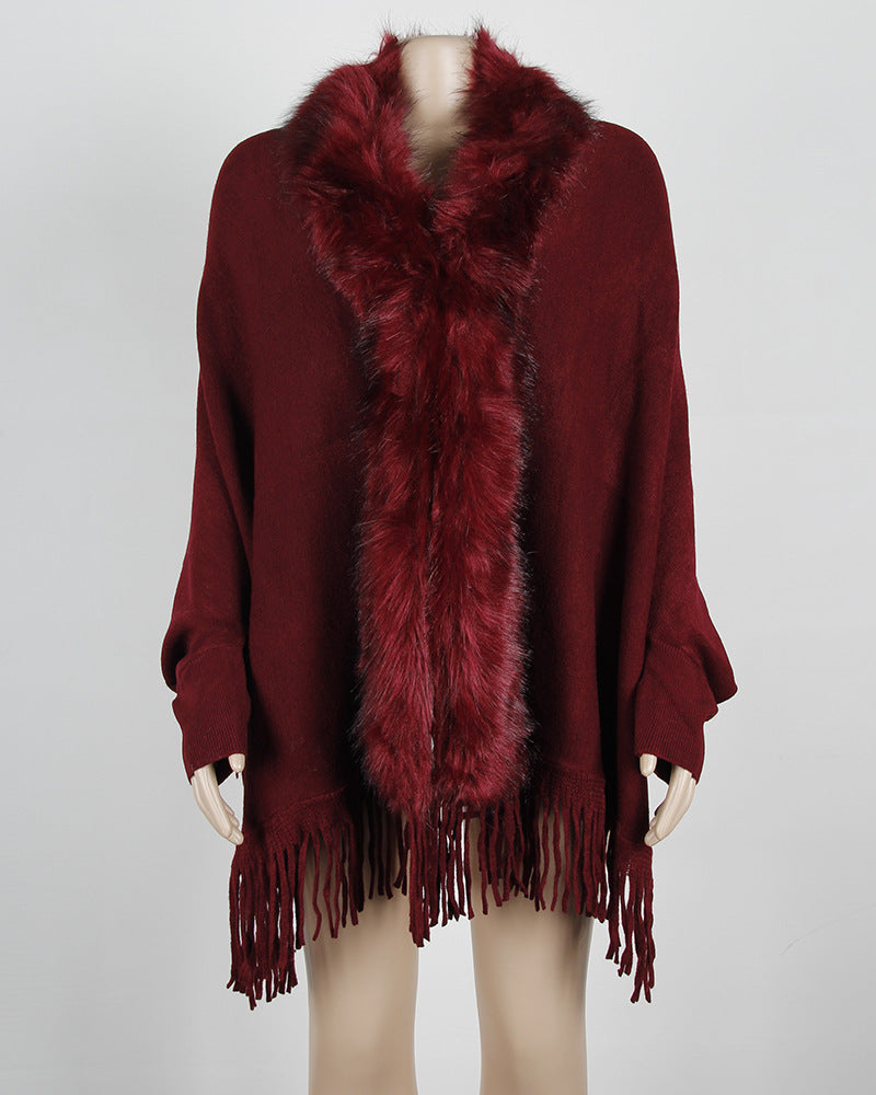 Women's Fringed Cloak Shawl with Fur Collar – Elegant Cape Cardigan for Winter Style Ooho