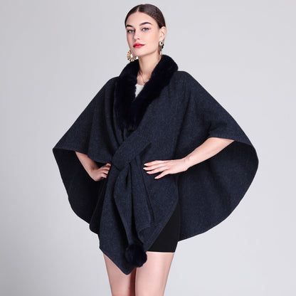 Imitation Rex Rabbit Fur Collar Cape and Shawl for Women – Loose Knitted Cardigan Ooho