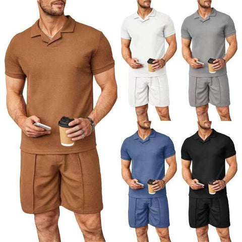 2pcs Set Men V Neck Polo Shirt Lapel Short Sleeve Men's Suit Waffle Style Casual Fashion T-Shirt Summer Ooho