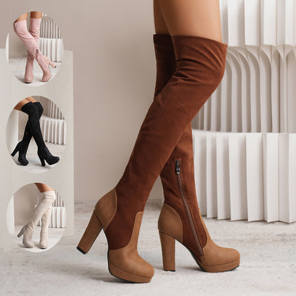 New Long Boots For Women Elastic Suede High Square Heel Over-the-knee Boots Fashion Party Shoes Winter Ooho