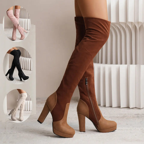 New Long Boots For Women Elastic Suede High Square Heel Over-the-knee Boots Fashion Party Shoes Winter Ooho