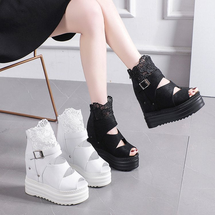 Suede Lace Fish Mouth Platform Wedge Romans Ooho