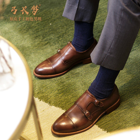 Business Formal Wear Men's Monk Monk Shoes Cowhide Handmade Leather Shoes Ooho